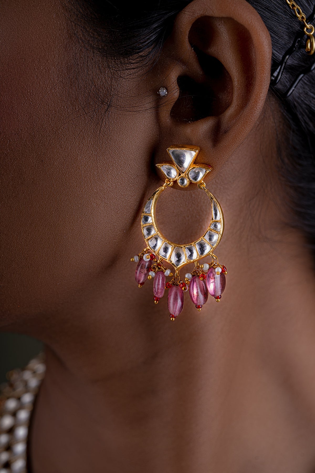 Gold Plated Kundan Polki Chandbali Earrings In Sterling Silver