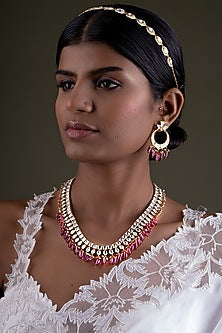 Gold Plated Pink Kundan Polki Handcrafted Necklace Set In Sterling Silver