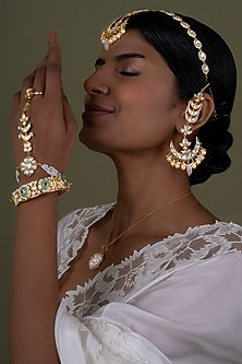 Gold Plated Kundan Polki Hathphool In Sterling Silver