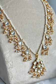 Gold Plated Kundan Polki Long Necklace In Sterling Silver