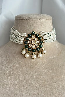 Gold Plated Kundan Polki Choker Necklace In Sterling Silver