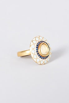Gold Plated Adjustable Ring With Kundan Polki In Sterling Silver