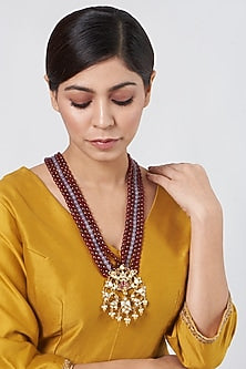 Gold Plated Kundan Polki Long Necklace In Sterling Silver