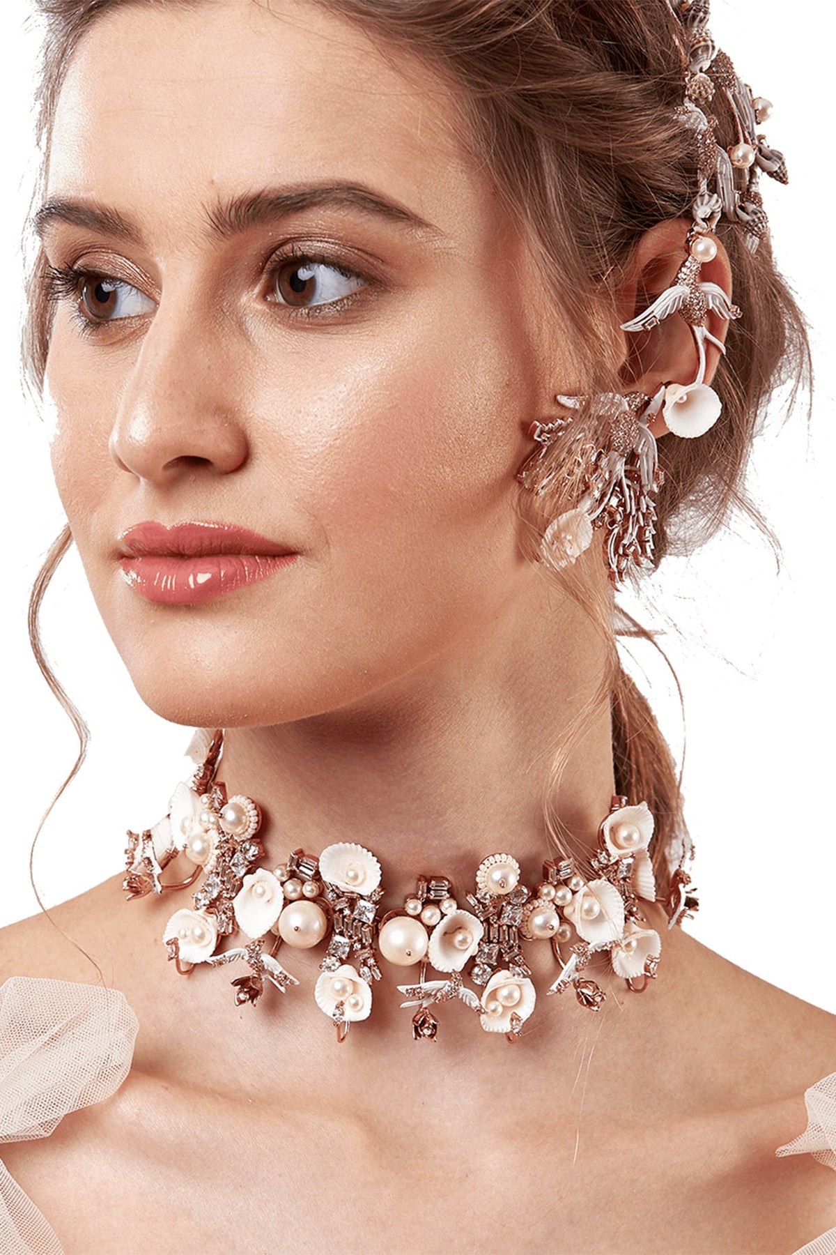 Rose Gold Plated Handcrafted Motifs Choker Necklace With Pearl