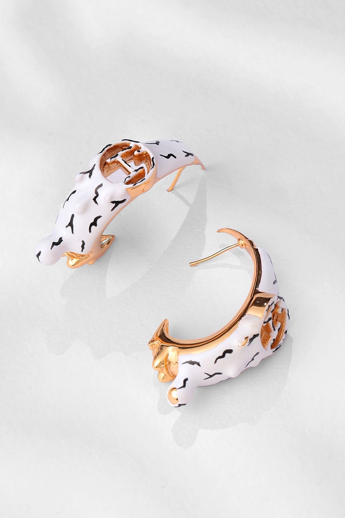 Gold Plated White Enamelled Hoop Earrings