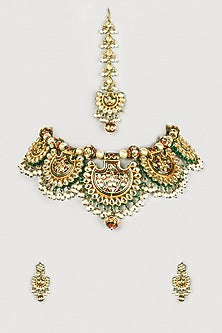 Gold Finish Beaded Necklace Set With Kundan Polki