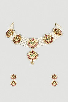 Gold Finish Kundan Polki & Pearls Necklace Set