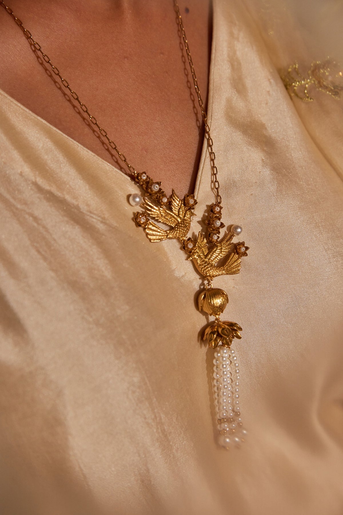 Antique Gold Finish Hand-Beaded Pearl Tassel Necklace