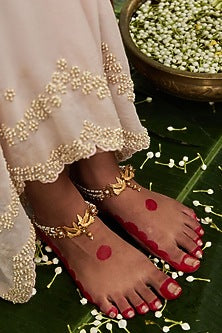 Antique Gold Finish Love Bird Motif & Pearl Anklets (Set Of 2)