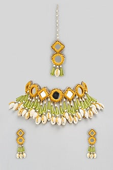 Mustard Yellow Beaded & Shell Choker Necklace Set