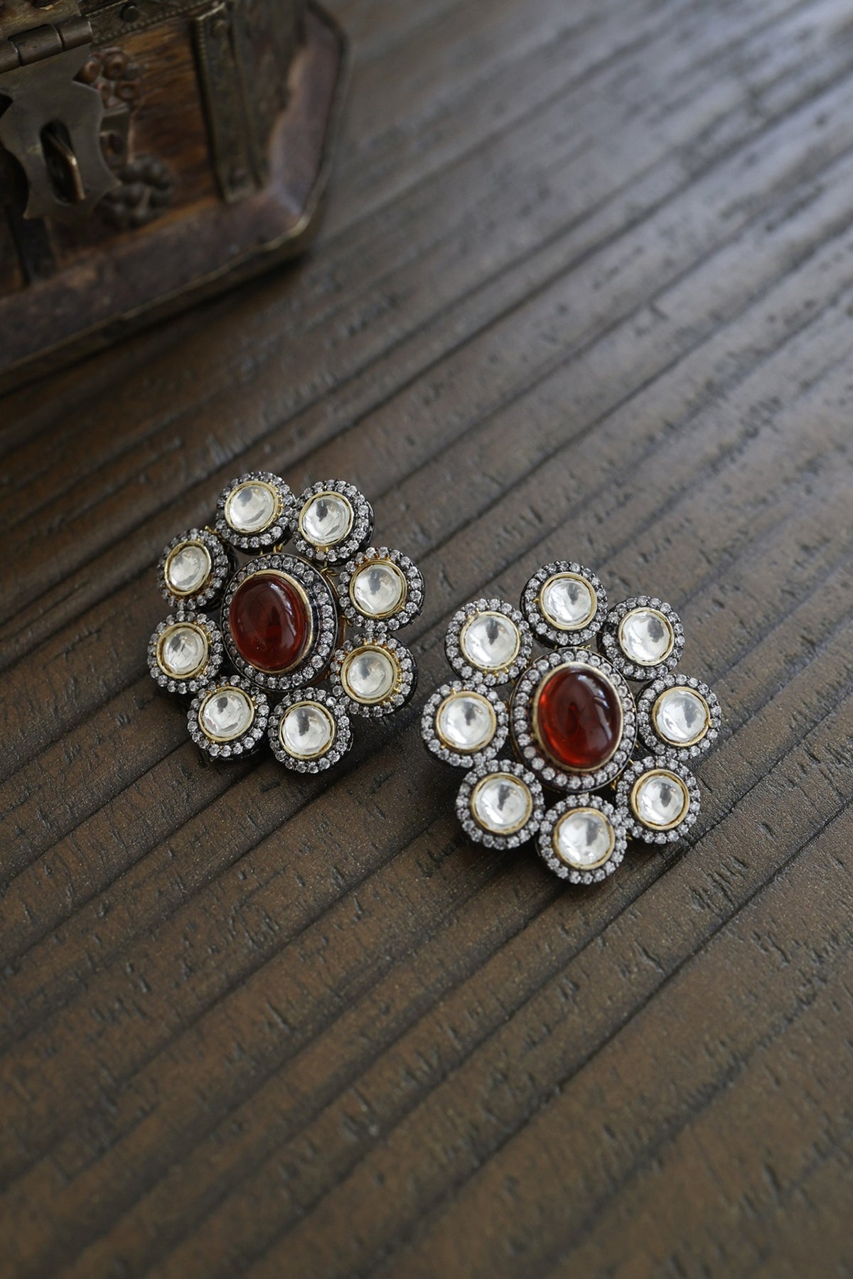 Black Rhodium Finish Polki Stud Earrings