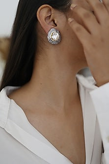 White Rhodium Finish Baroque Pearl Stud Earrings