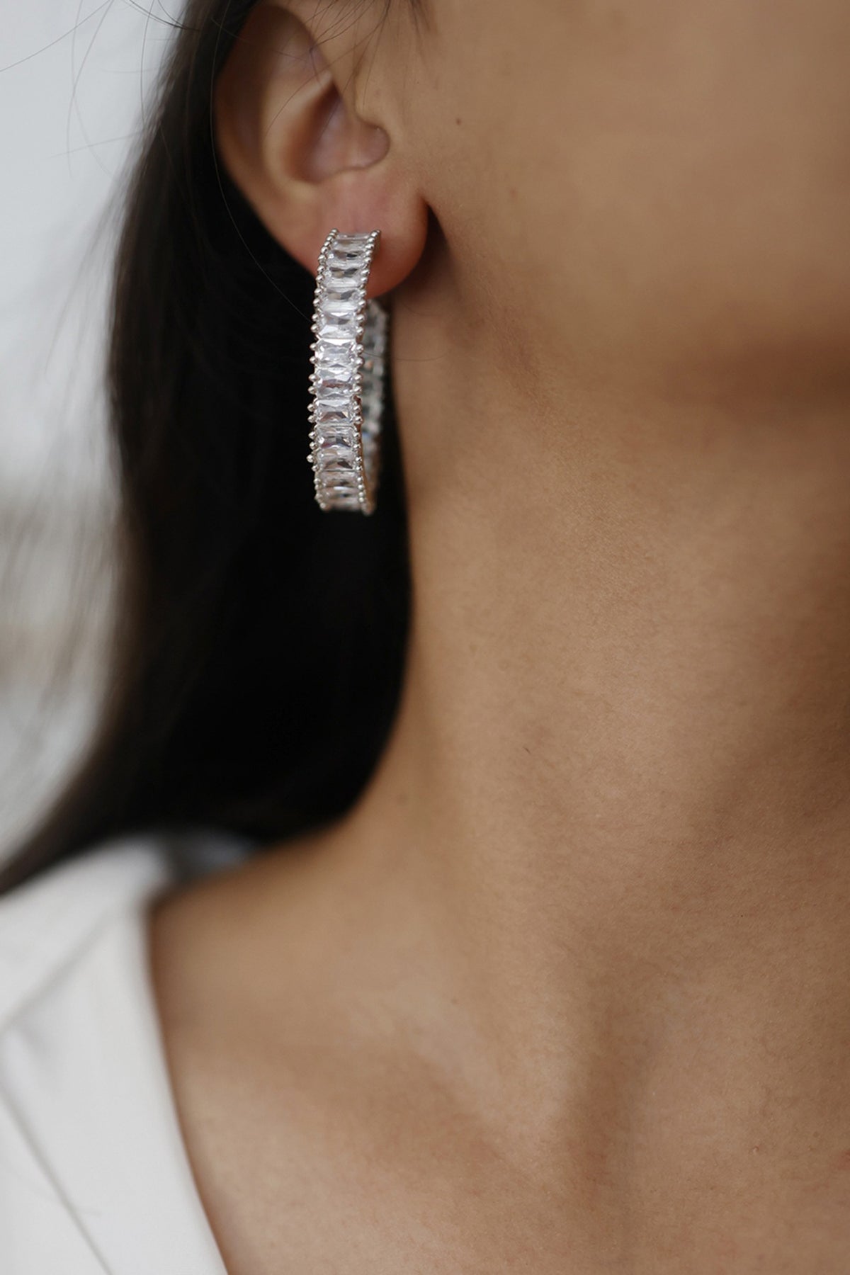 White Rhodium Finish Crystal Hoop Earrings
