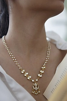 White Rhodium Finish Kundan & Pearl Pendant Necklace