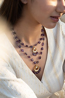Gold Finish Kundan Polki & Amethyst Stone Layered Necklace