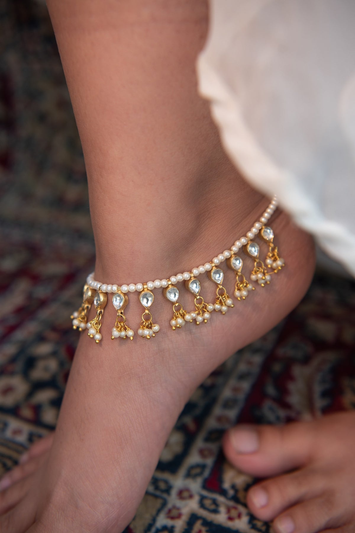 Gold Finish Shell Pearl & Kundan Polki Anklets (Set of 2)