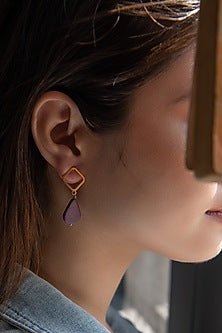 Gold Plated Purple Beaded Dangler Earrings