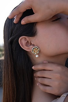 Gold Plated Kundan Polki & Shell Pearl Dangler Earrings