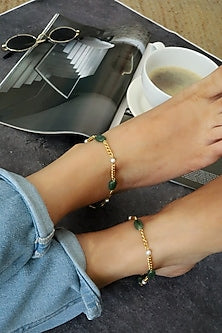 Gold Plated Green Natural Stone & Pearl Anklets (Set Of 2)