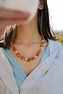 Gold Plated Orange Natural Stone & Pearl Necklace