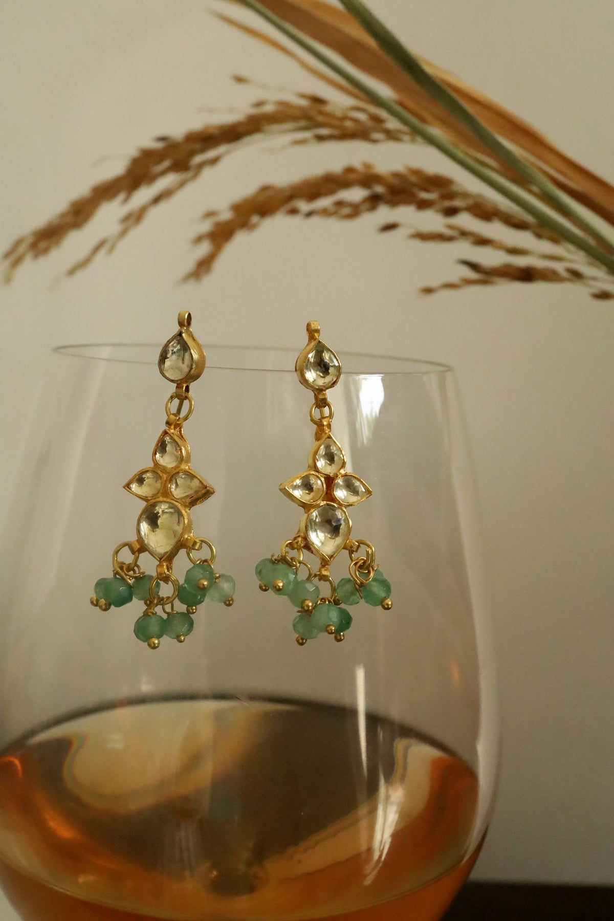 Gold Plated Kundan Polki & Green Onyx Dangler Earrings