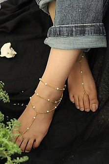 Gold Plated Layered Pearl Anklets (Set Of 2)