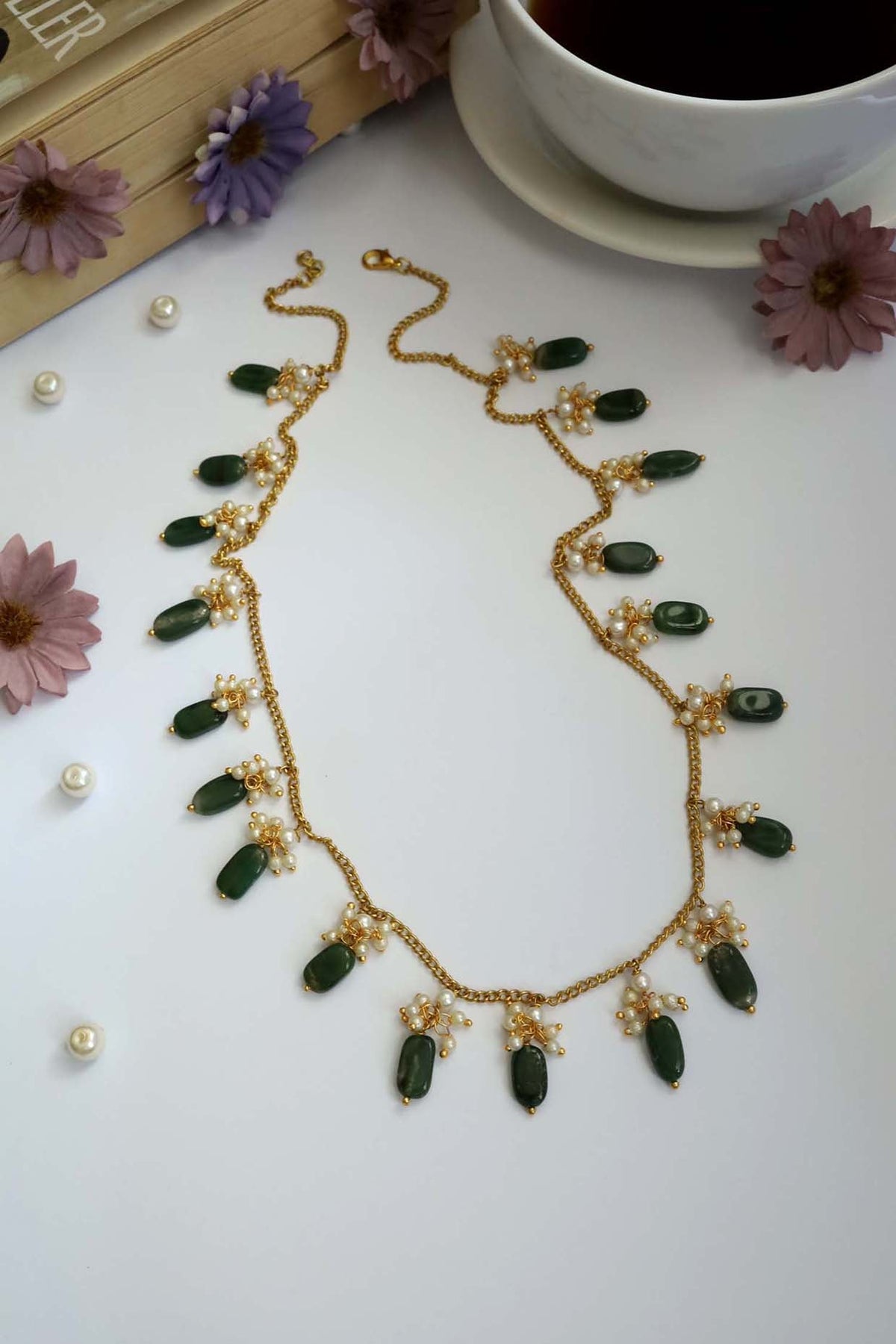 Gold Plated Green Stone & Pearl Handcrafted Necklace