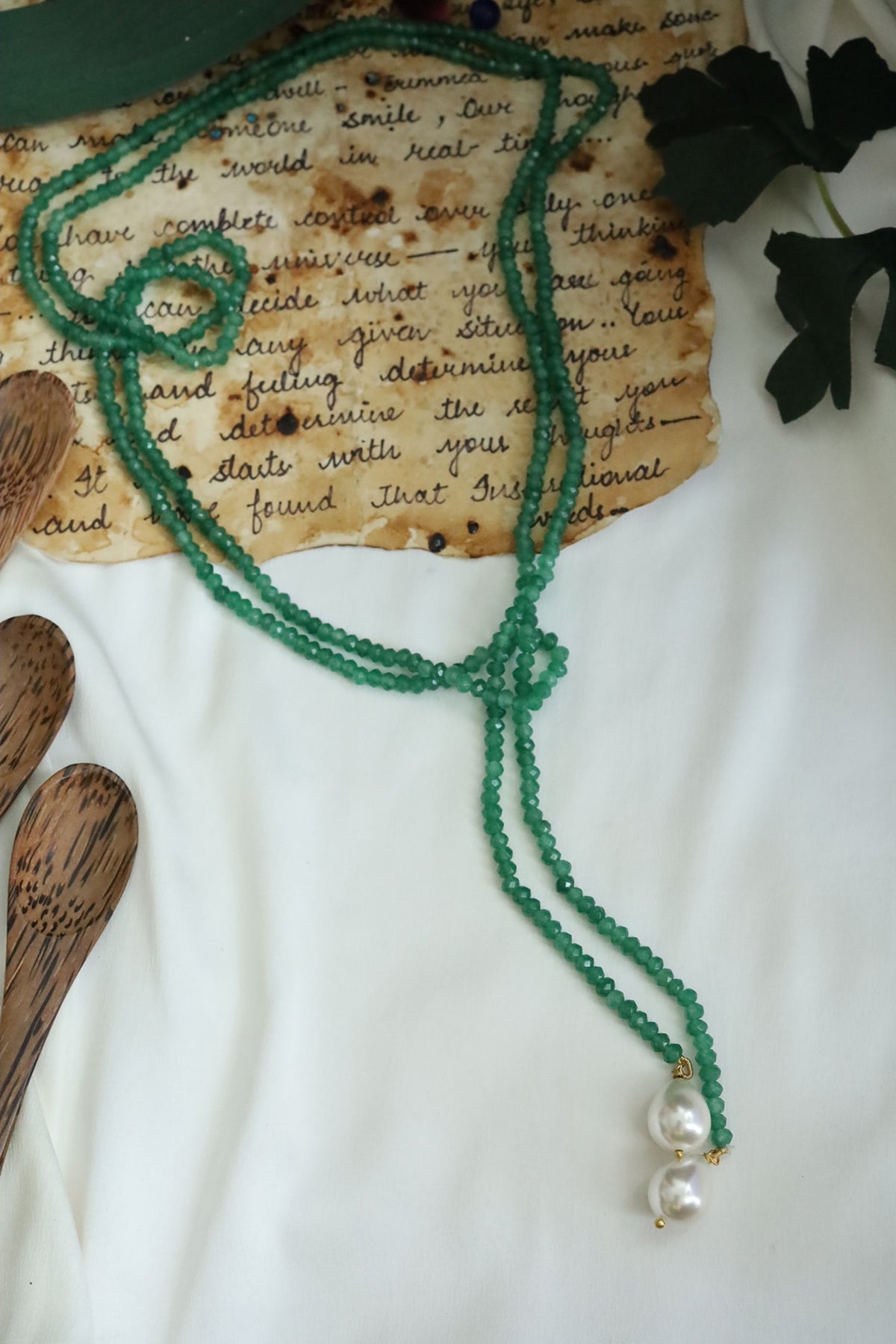 Gold Plated Green Stone & Pearl Drop Necklace