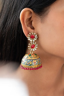 Gold Finish Kundan Polki Jhumka Earrings.
