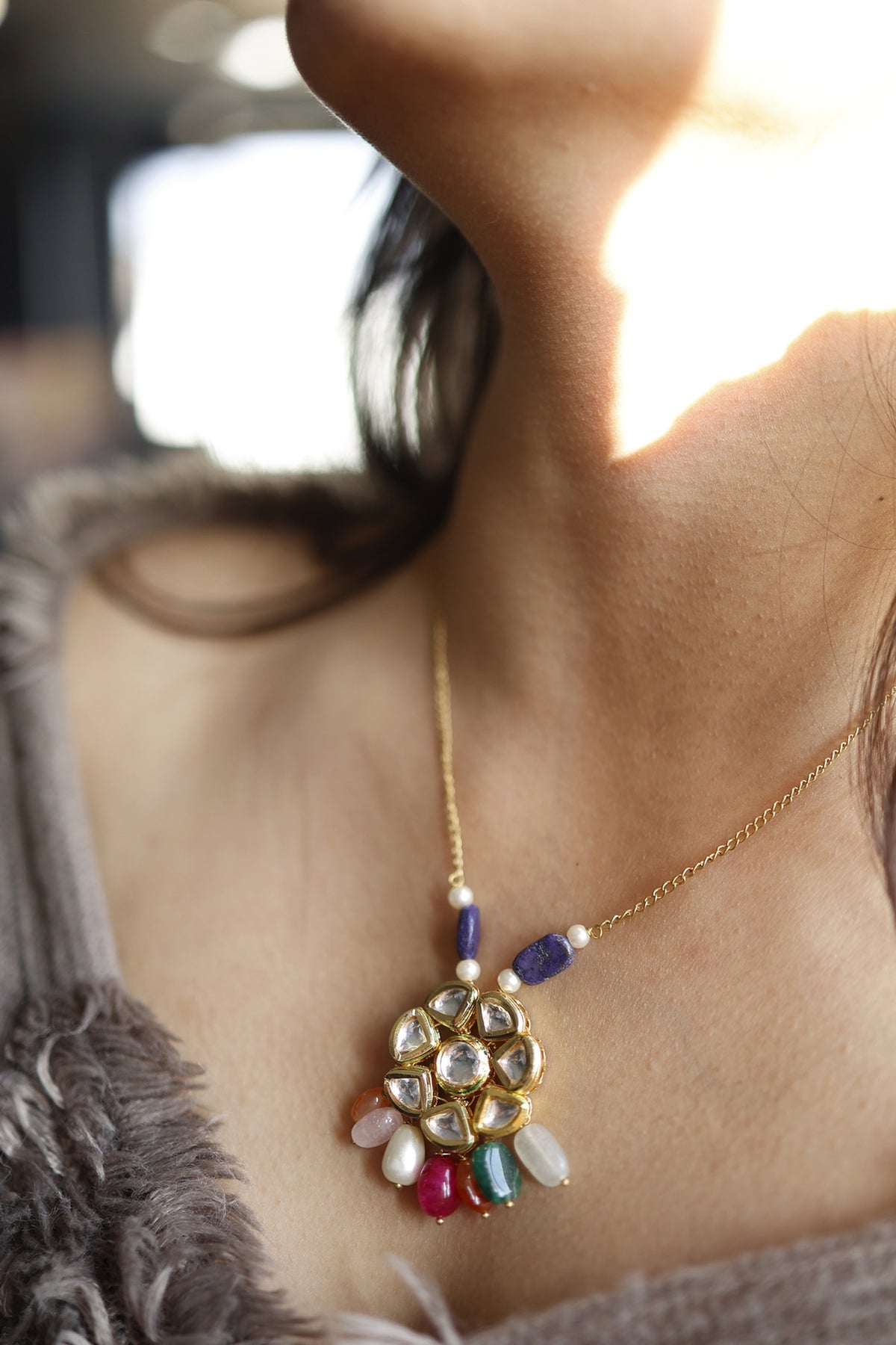 Gold Finish Multi-Colored Natural Stone & Kundan Polki Necklace
