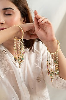 Gold Plated Natural Stone & Pearl Bangles (Set Of 2)