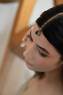 Gold Plated Cubic Zirconia & Green Stone Maangtikka