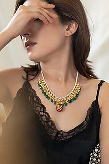 Gold Plated Green & Red Stone Necklace