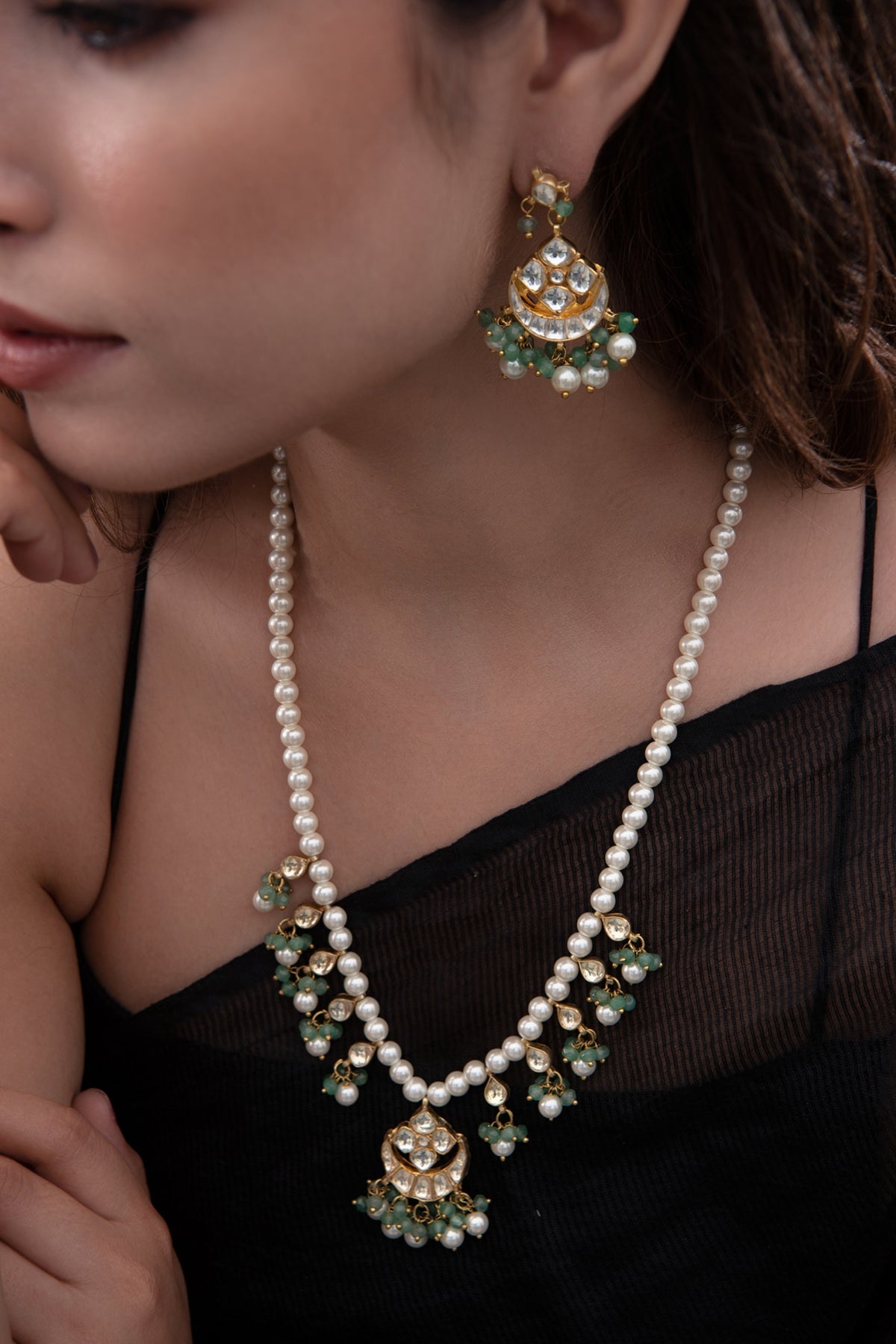 Gold Plated Kundan Polki & Onyx Necklace Set