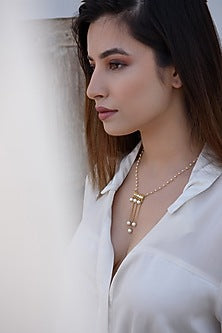 Gold Plated Kundan Polki & Pearl Pendant Necklace