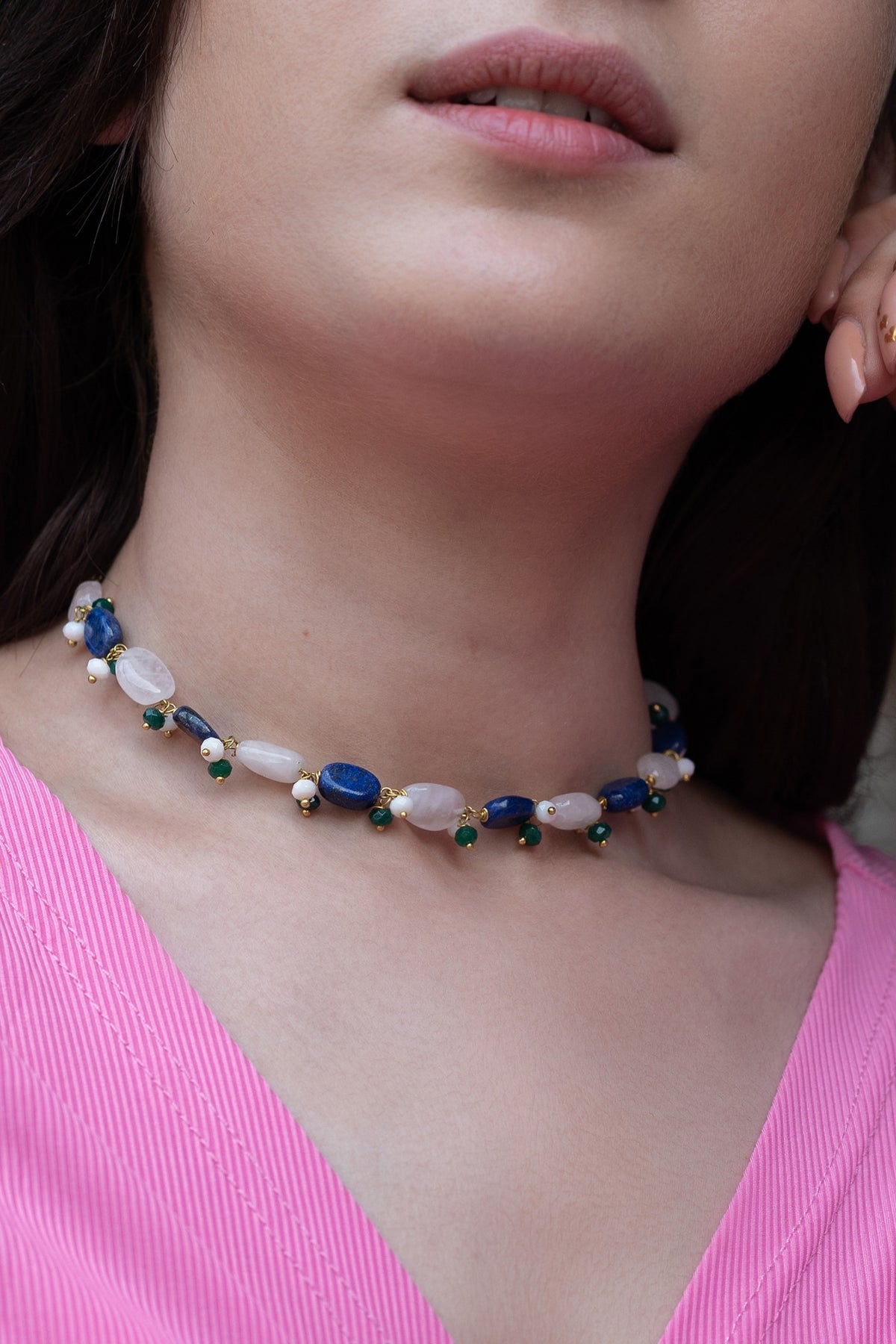 Gold Plated Lapis Lazuli & Fluorite Stone Choker necklace