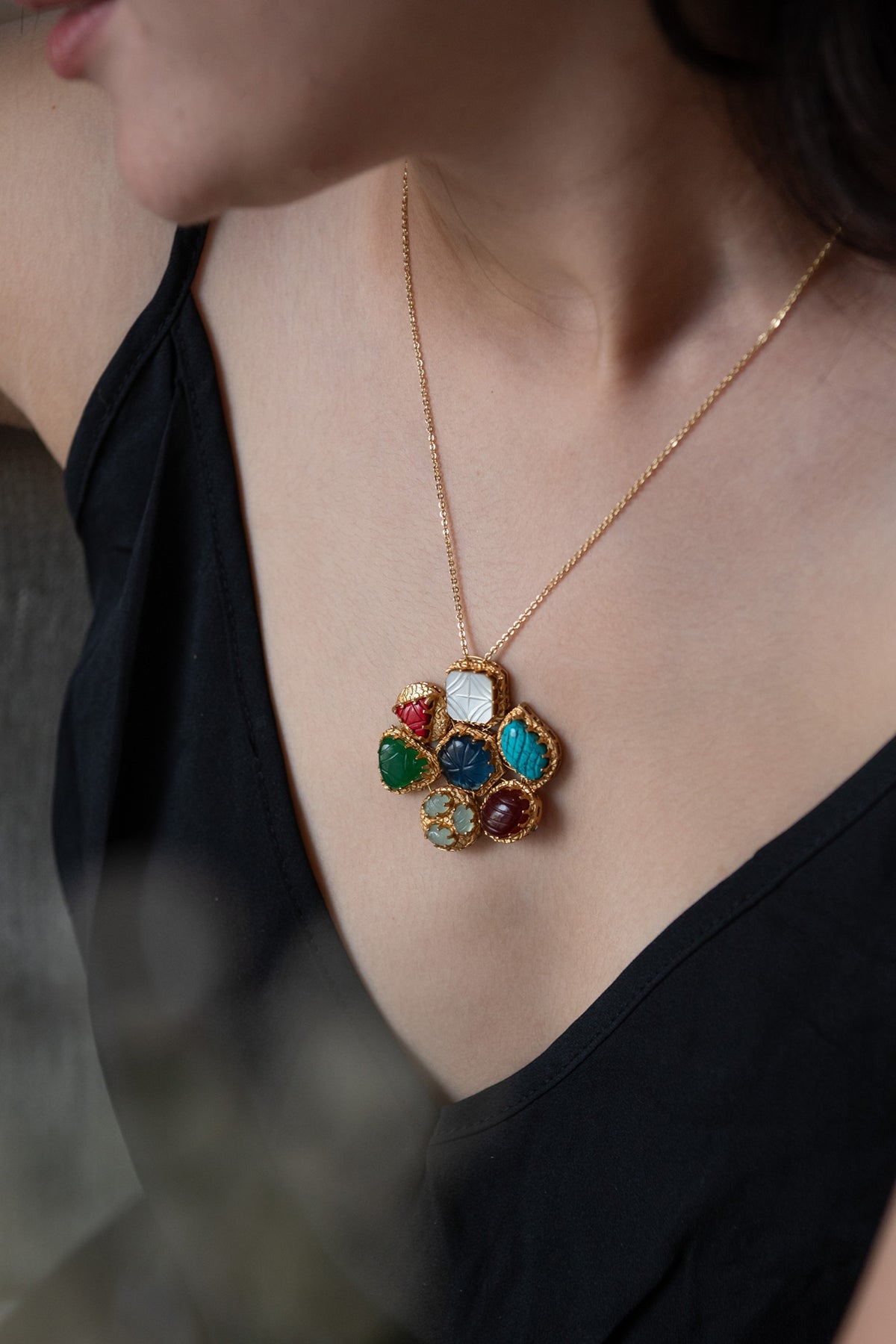 Gold Plated Multi-Colored Stone Pendant Necklace