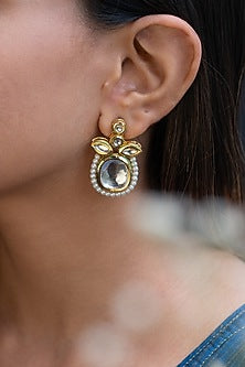 Gold Plated Kundan Polki & Pearl Dangler Earrings