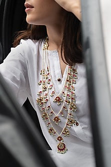 Gold Plated Kundan Polki & Pearl Layered Necklace