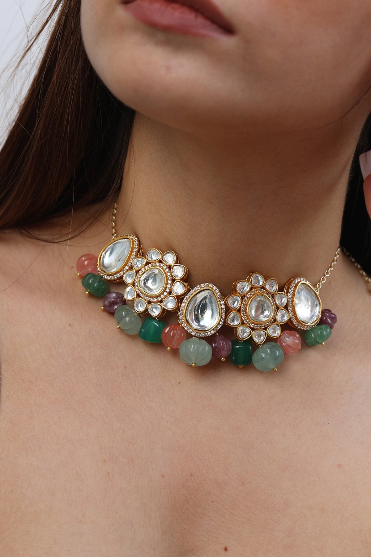 Gold Plated Kundan & Natural Stone Choker Necklace