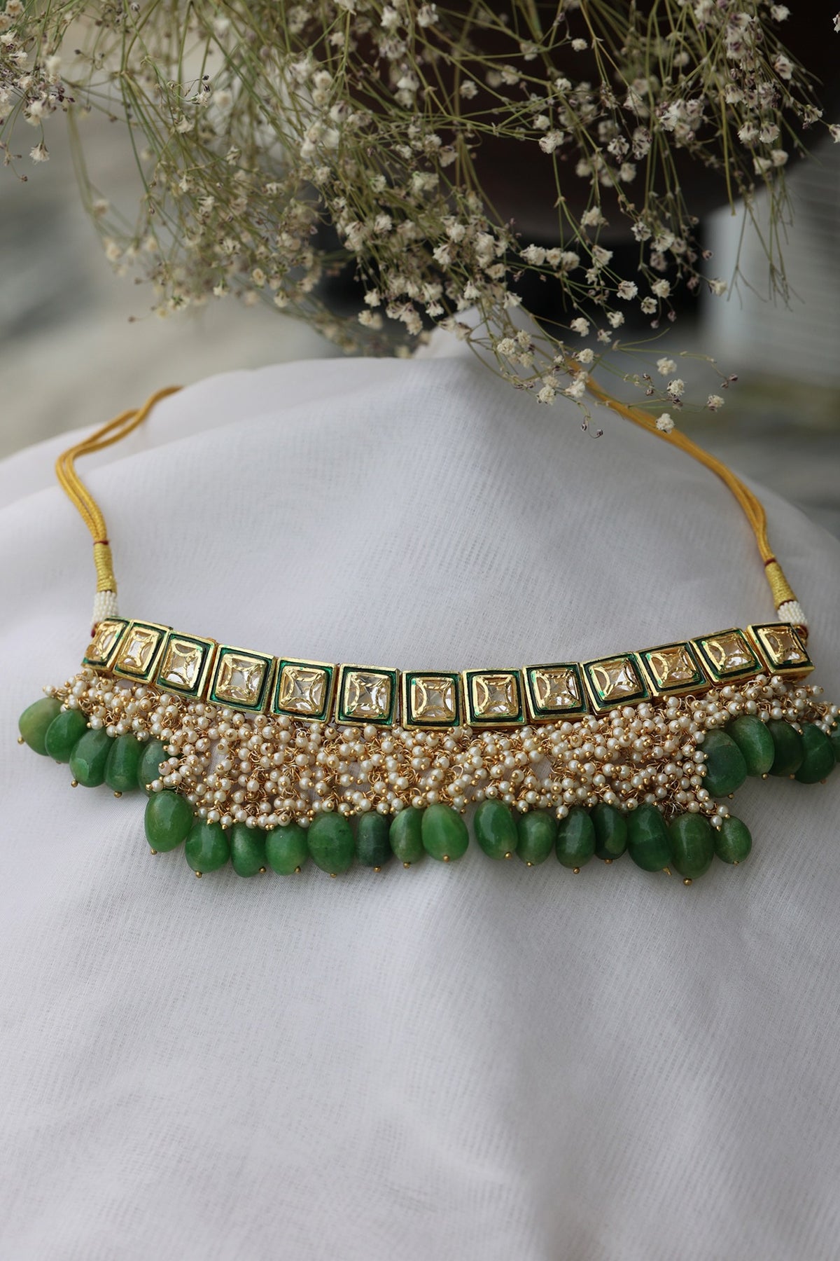 Gold Plated Natural Green Stone Choker Necklace