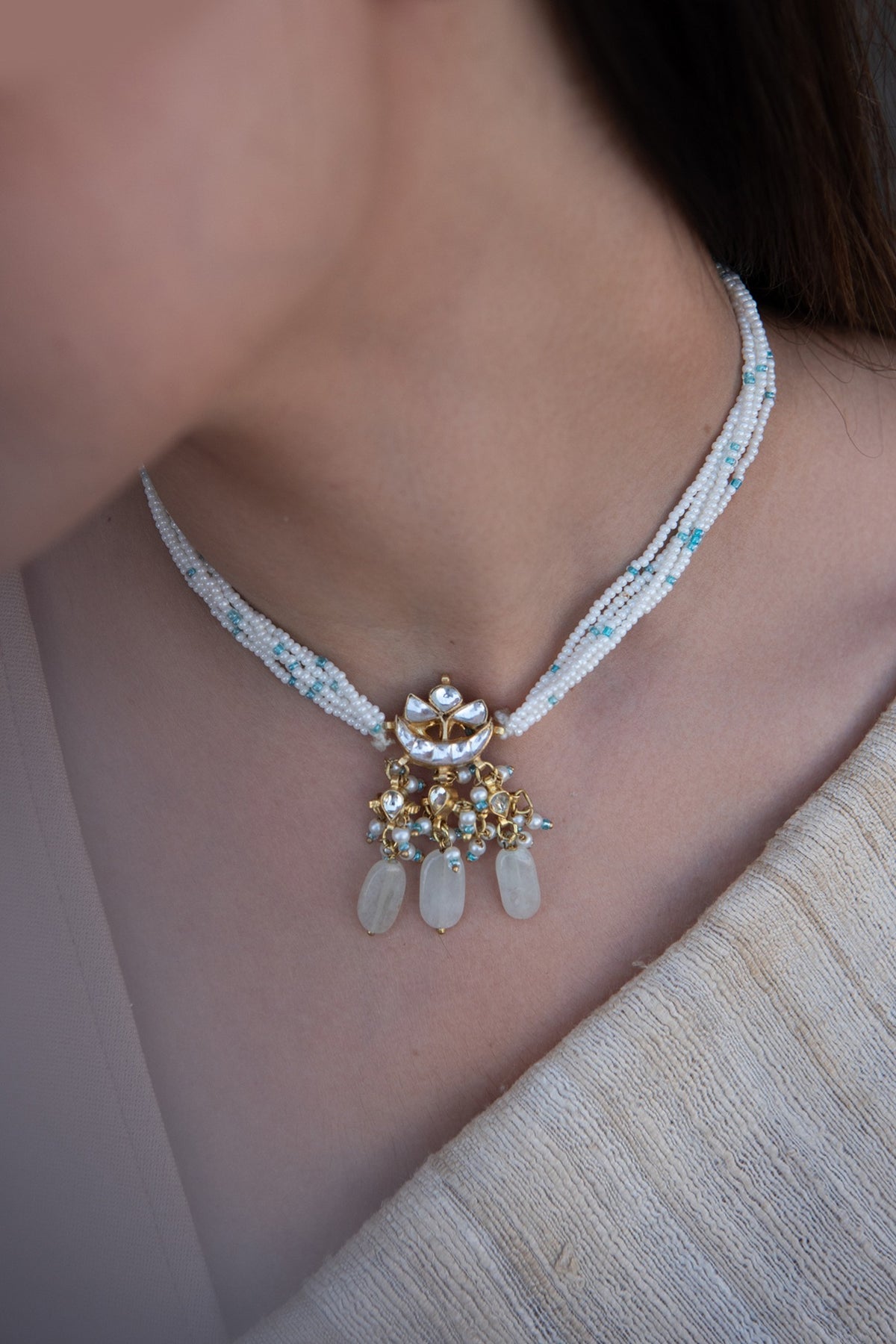 Gold Plated Kundan & Turquoise Pendant Necklace