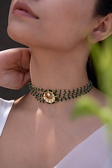 Gold Plated Kundan & Green Beaded Layered Necklace