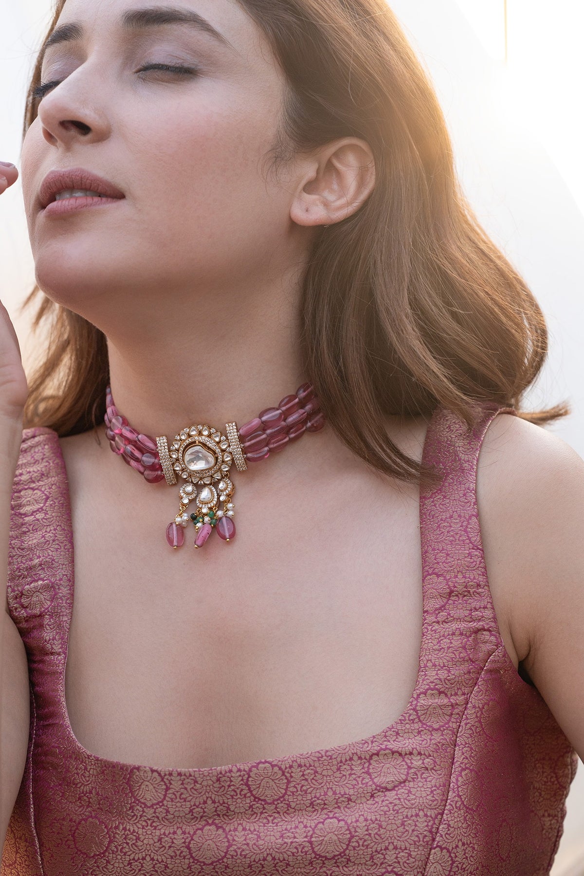 Gold Plated Pink Kundan Polki & Natural Stone Necklace