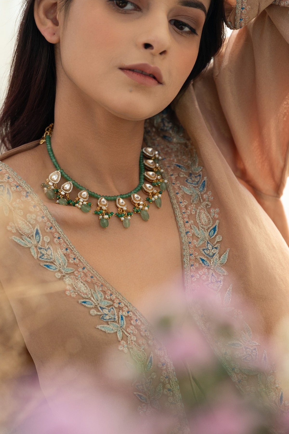 Gold Plated Mint Kundan Polki & Pearl Necklace