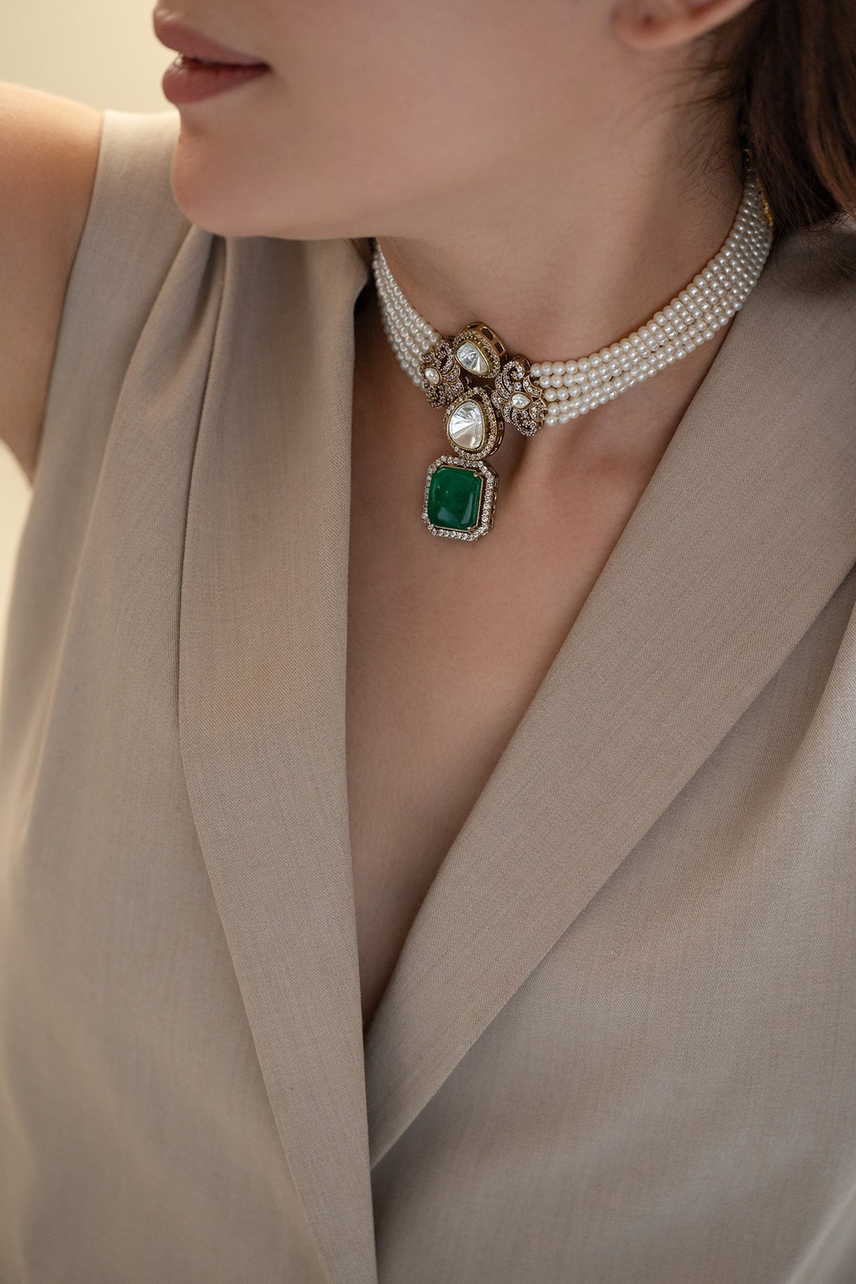 Gold Plate Pearl & Green Stone Choker Necklace