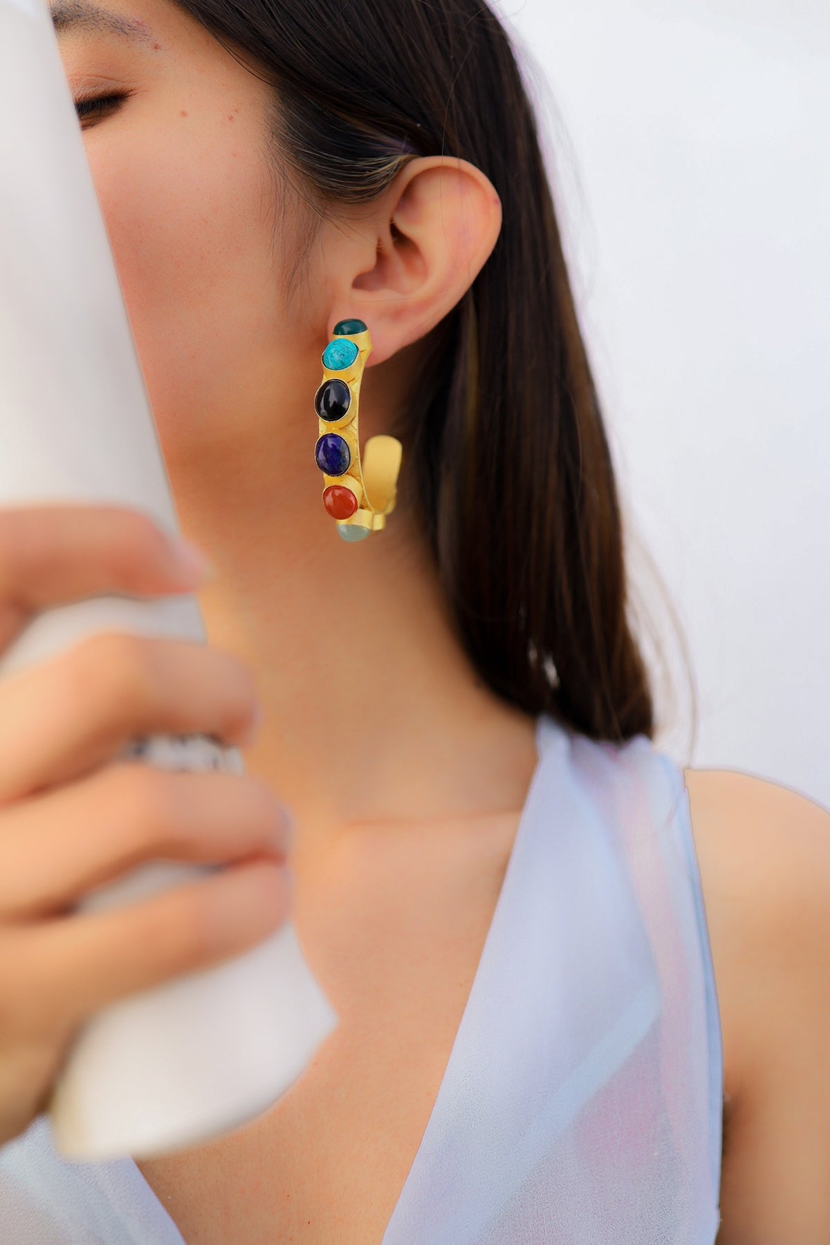 Gold Finish Natural Stone Hoop Earrings