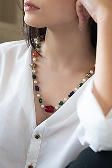 Gold Plated Multi-Colored Pearl & Semi-Precious Stone Necklace Set