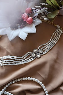 Two Tone Finish Pearl & Cubic Zirconia Victorian Choker Necklace