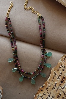 Gold Plated Mint Green Fluorite & Tourmaline Stone Necklace